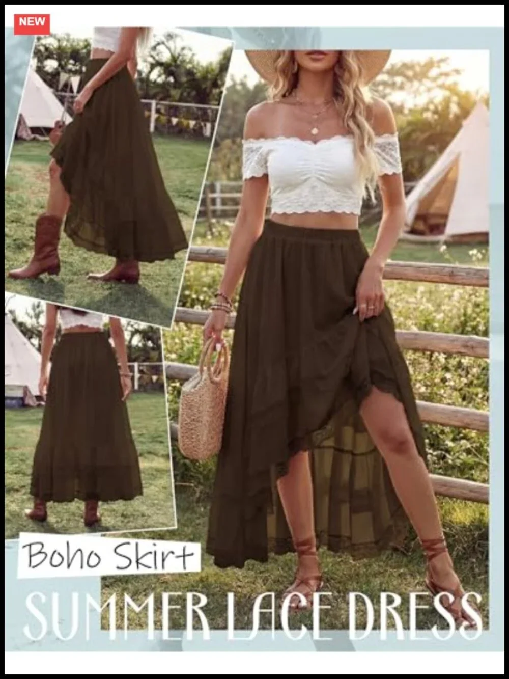 Boho High Low Lace Ruffle Skirt | Asymmetrical Tiered Maxi | Flowy Elastic Waist